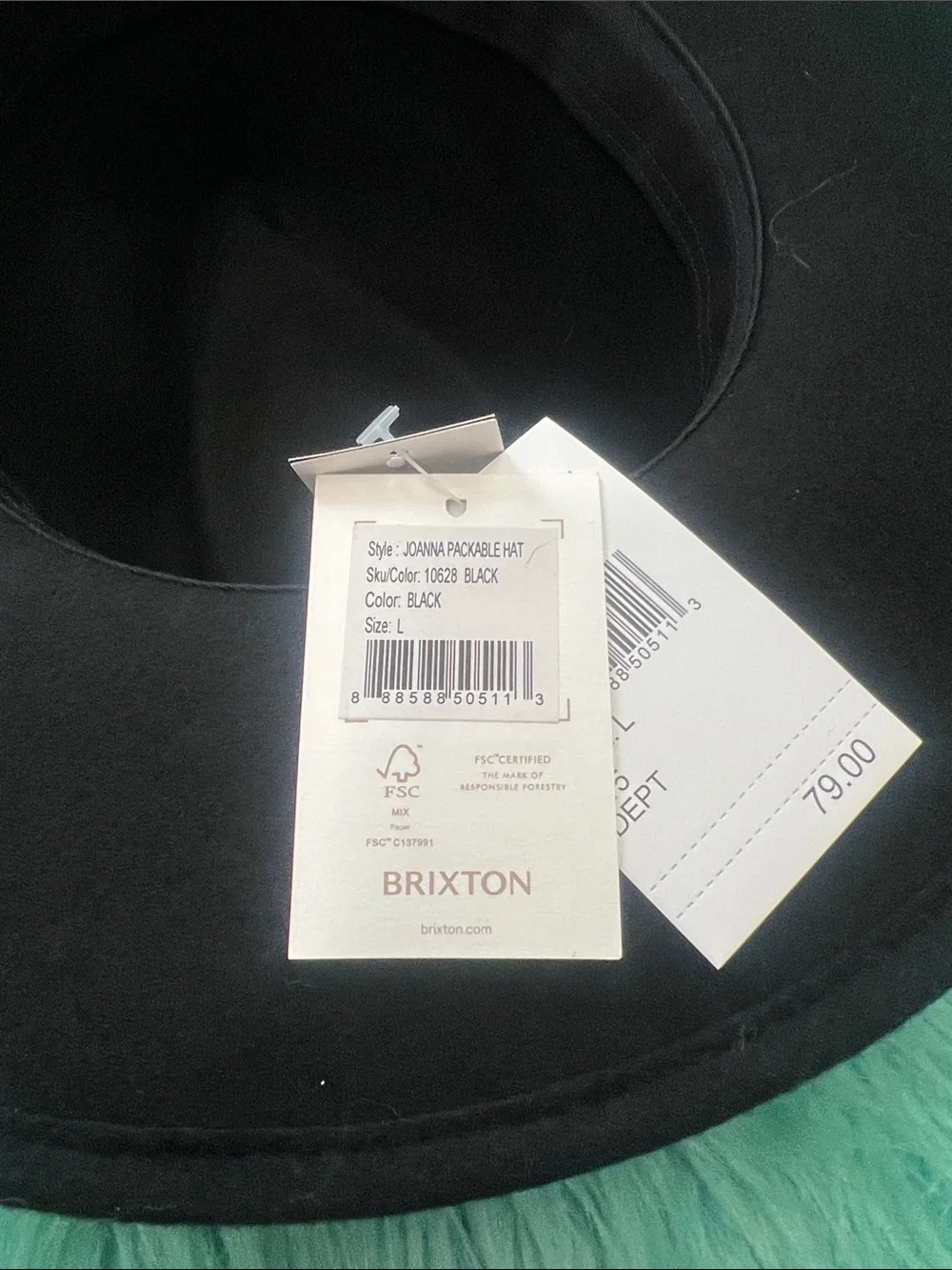 NWT Nordstrom Brixton Black Joanna  Packable Felt Hat Adjustable Size L